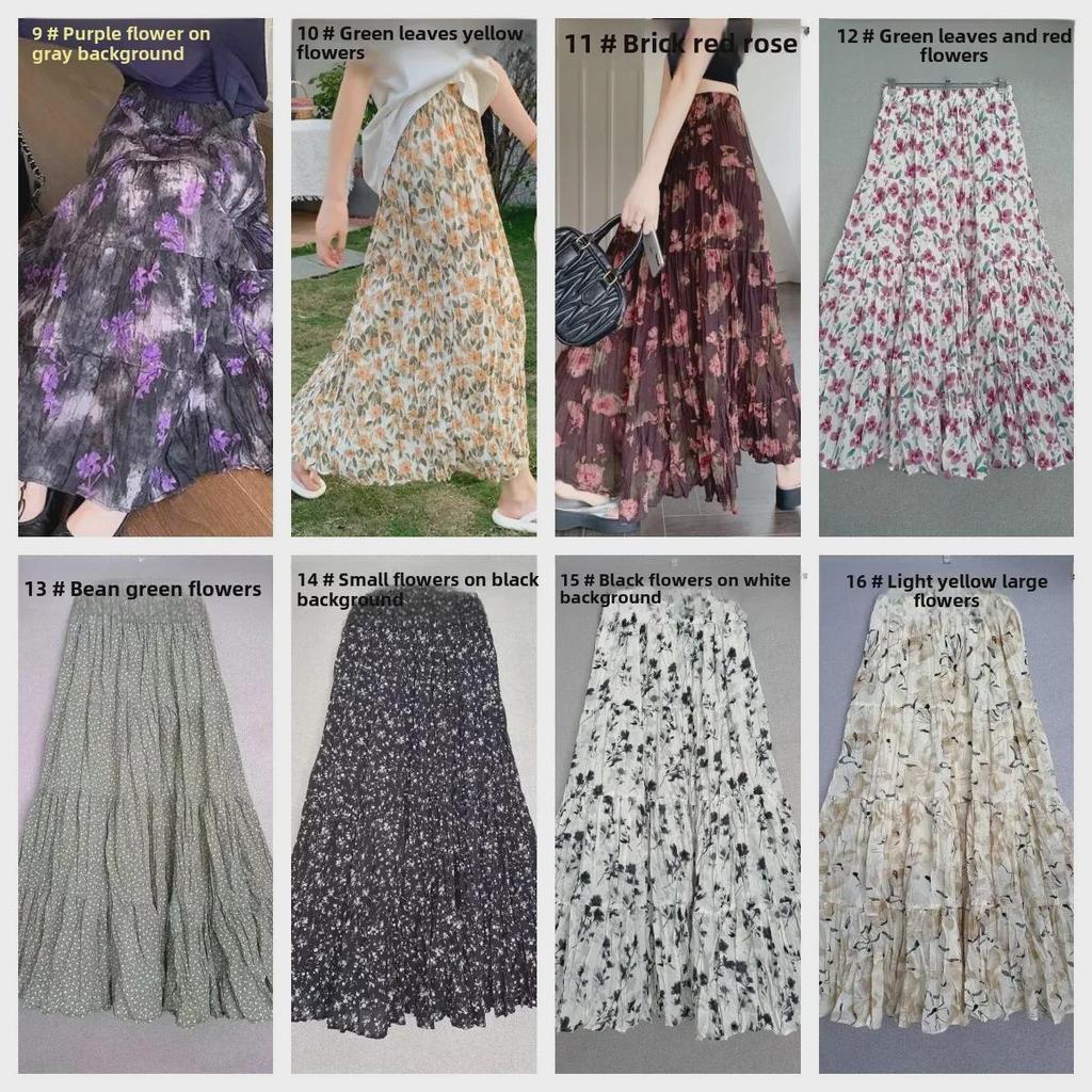 2024 French Retro Floral Pleated High-Waist Maxi Chiffon Skirt