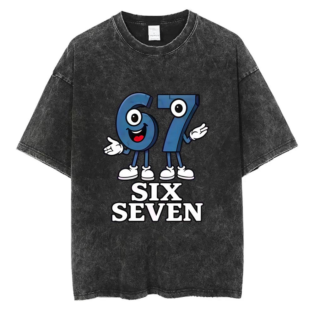Funny Italian Brainrot Vintage Washed Tshirt Six Seven Number Tshirt Men Women Casual Oversized Streetwear Male Casual Tees