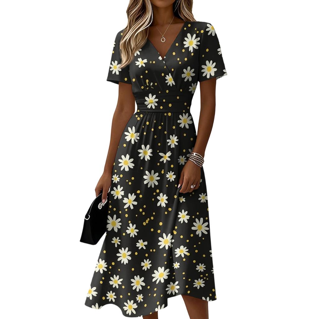 Women V Neck Short Sleeve Midi Dress with Floral Print Casual Loose Fit Summer Holiday Dress for Daily Wear