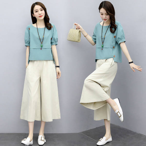 Summer Loose-Fit Slimming Women's Clothing Set Short Sleeves Fashionable Stylish Age-Reducing Bell Bottoms Suit