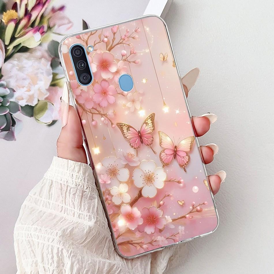 For Samsung Galaxy A11 M11 Phone Case Samsung A11 M11 A115F M115F Elegant Floral Cat Painted Soft Silicone Transparent TPU Cases