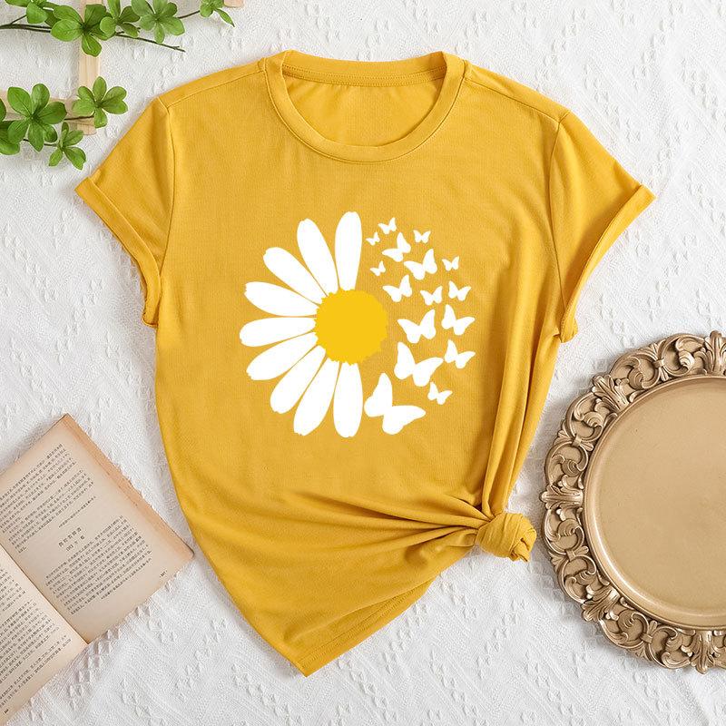 Summer Women's Daisy Butterfly Print Loose Round Neck Casual Pure Cotton Short Sleeved T-shirts Women's