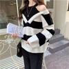 Pullover 2023 Casual Long Sleeve Pullover Knitwear Top Fake Two Piece Neck Hanging Off Shoulder Striped Sweater Pullover Women