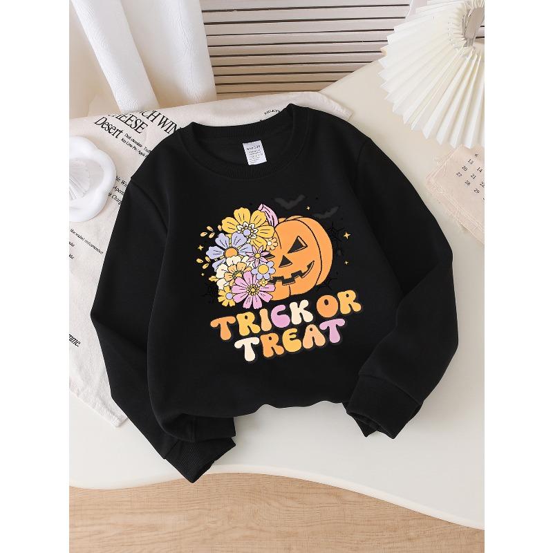Girls for Halloween Crew Neck Sweatshirt, Pumpkin Floral Trick Or Treat Design, Fun Print Kids Autumn Clothing