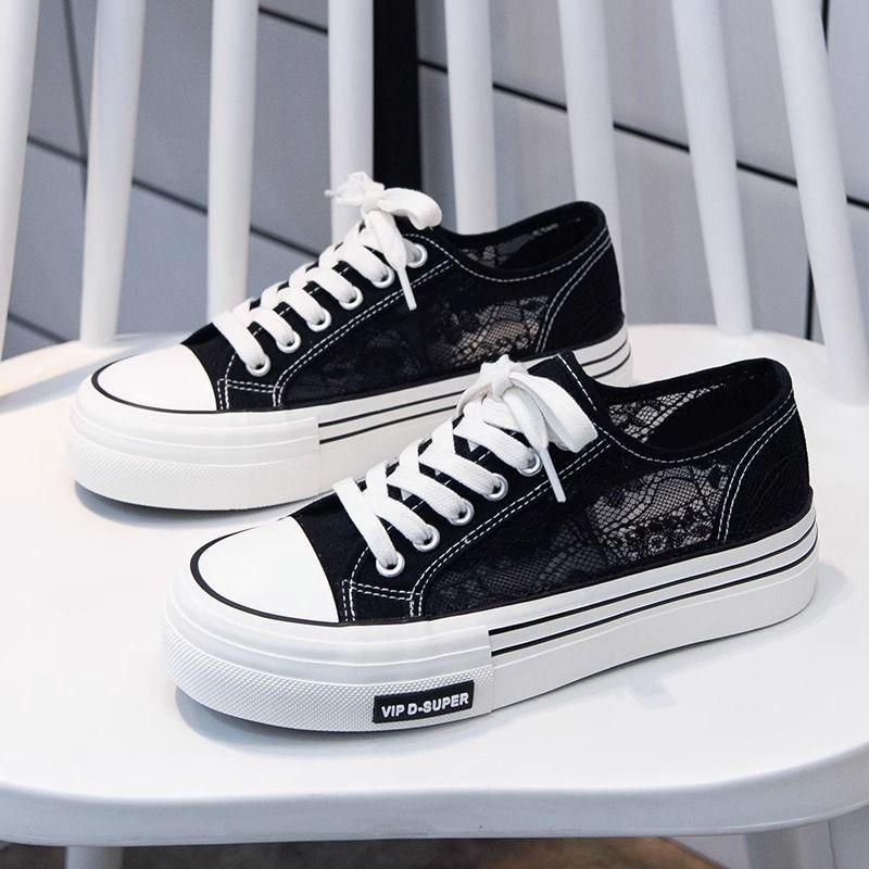Summer Thin Breathable Lace Canvas Shoes Women's Hollow Board Shoes, Mesh Shoes