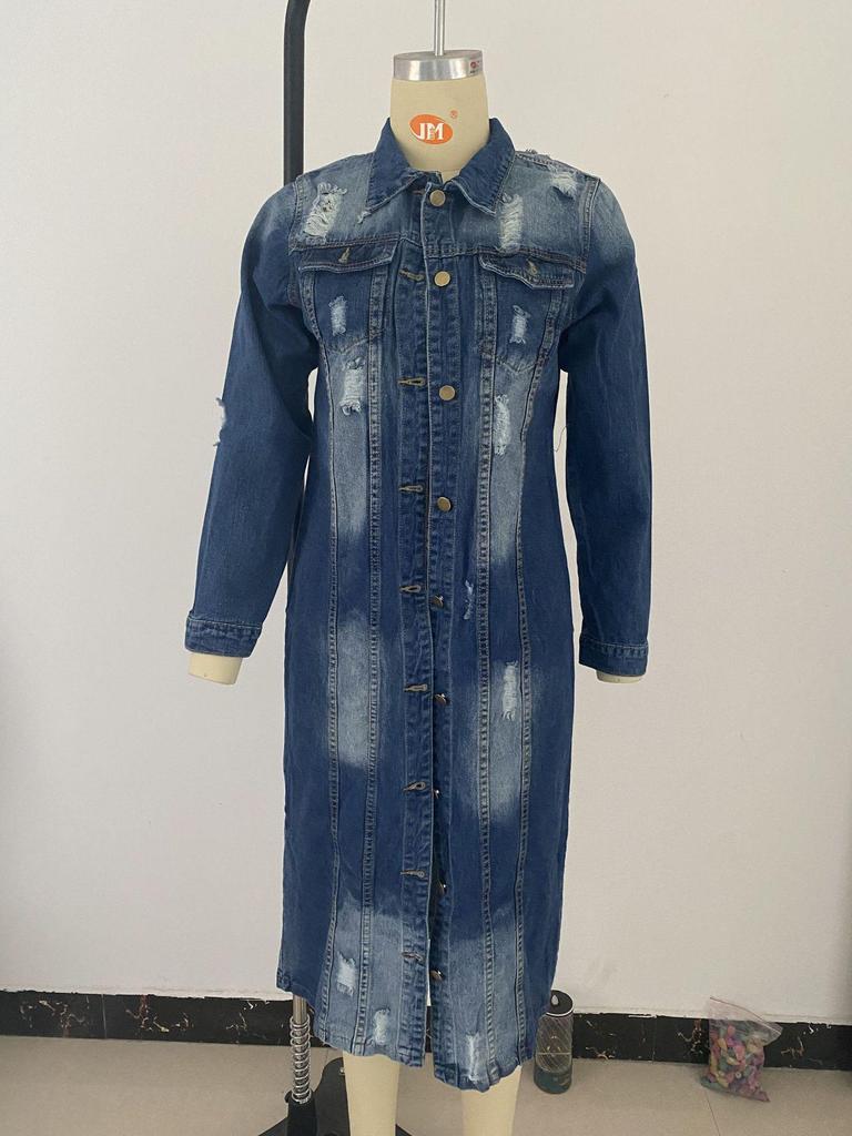 Damski jesienno-zimowy długi płaszcz trenczowy z podartego denimu