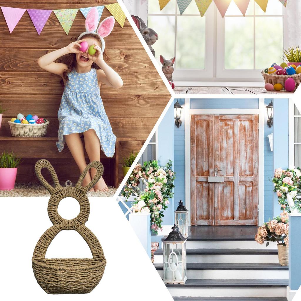 Easter Bunny Wall Basket Rattan Woven Easter Rabbit Decor Wall Pocket Bunny Hand Woven Basket for Home Farmhouse Outdoor Indoor