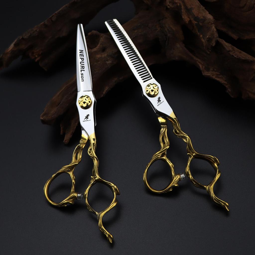 6.0" Gold Tree Root Handle Hairdressing Scissors - Straight & Thinning Shears