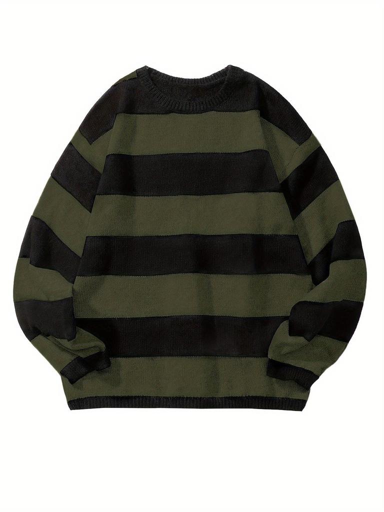 Men's Retro Wool Knitwear: Color Block Striped, Round Neck, Soft & Cozy, Loose Fit, Autumn/Winter Edition.