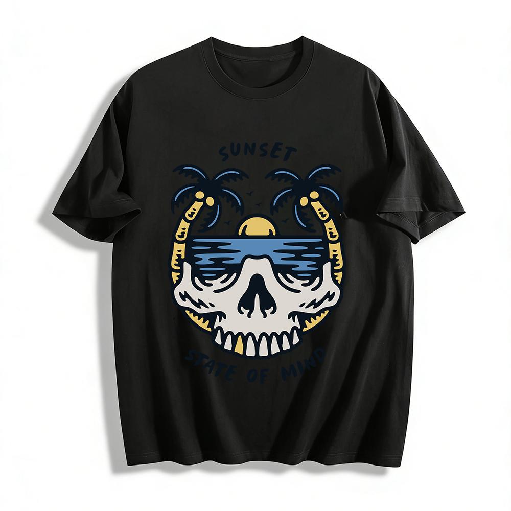 Sunset State Of Mind Skull Coconut Tree Print Casual Tee Pure cotton T-shirt XXS