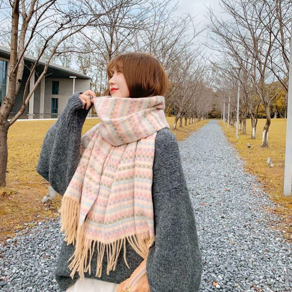 Winter Colorful Plaid Scarf Soft Cashmere Shawl Wrap Elegant Long Tassel Scarves Women
