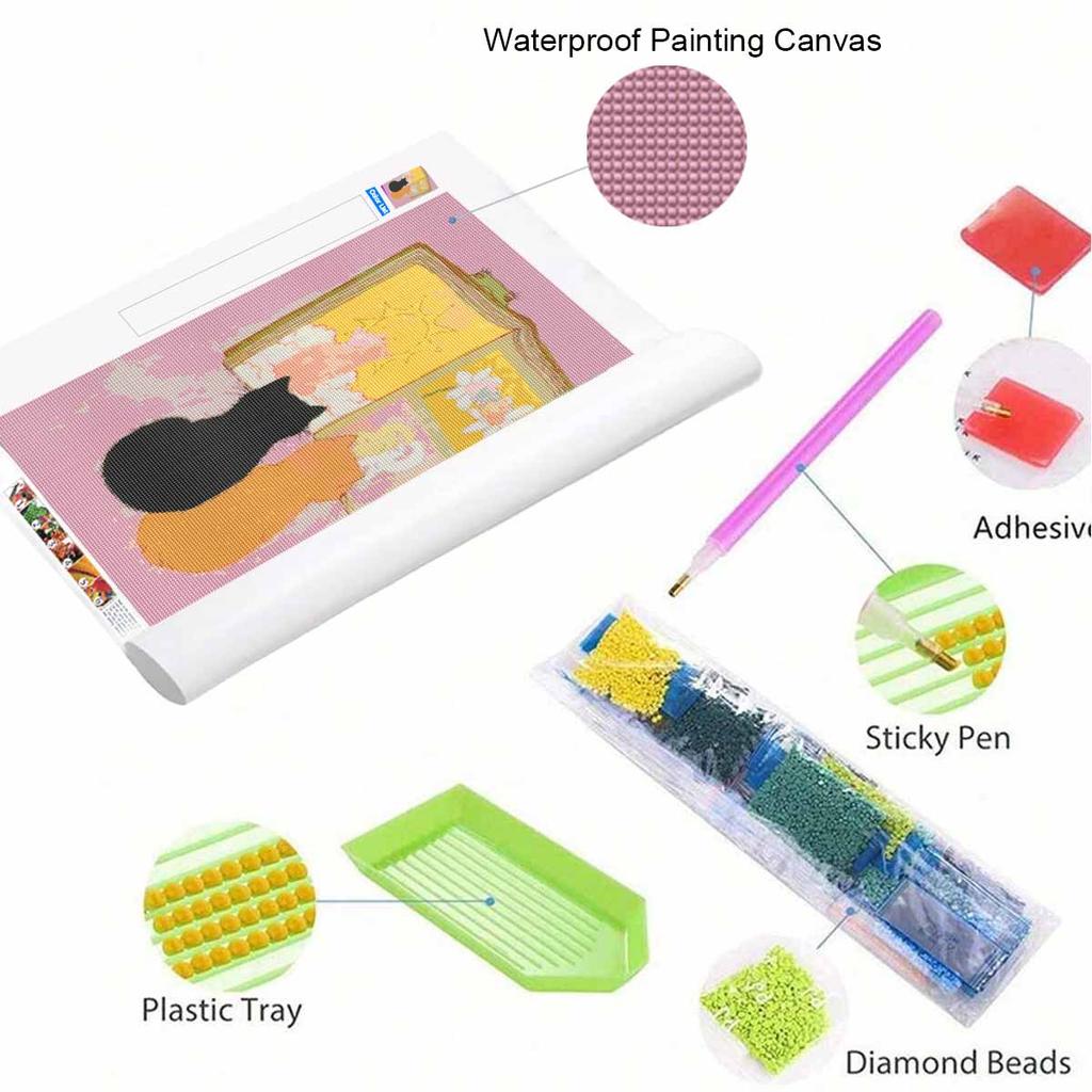 Diamond Painting Kit with Frame Cute Cats Reading Book Art 5D Full Drill Rhinestones Embroidery 30x40cm Living Room Bedroom Wall Decor Gift for Her