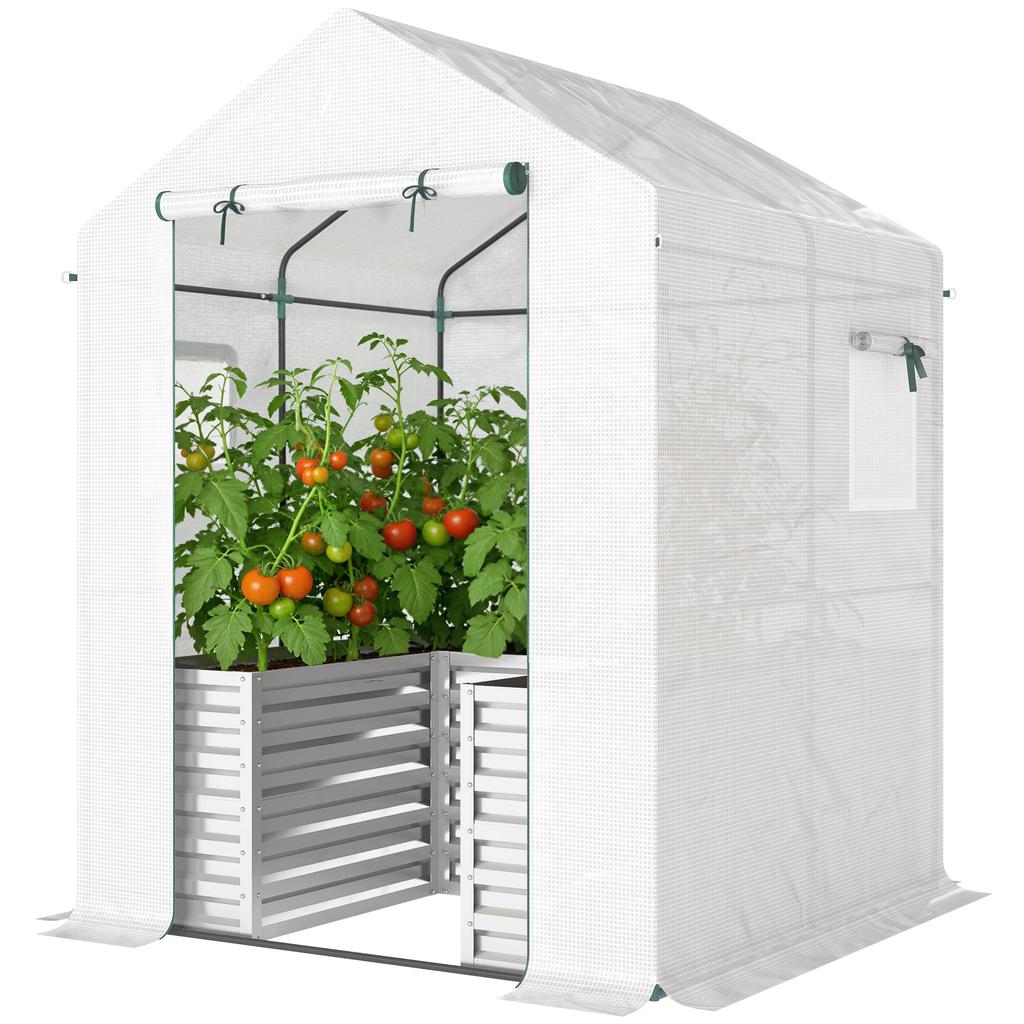 Serra per Pomodori Serra con Fioriera a Rialzo Finestra con Porta Arrotolabile Tetto Inclinato 141 x 141 x 190 cm Bianco