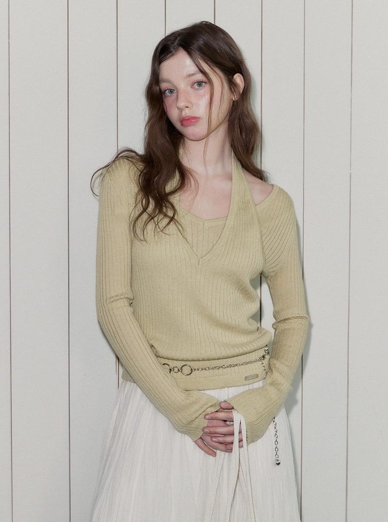 Chunut Layered Long Sleeve Knit Halter Neck FF оливковый