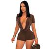 D25RP581 Solid Color Slim Fit Sexy Deep V Drape Neck Short Sleeve Jumpsuit Shorts