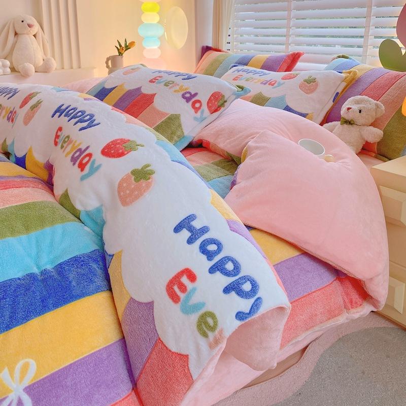 Snowflake Fleece Four-Piece Set, Thickened Milk Coral Fleece Quilt Cover, Double-Sided Fleece Quilt Cover, Bed Sheet, Bed Hat Three-Piece Set