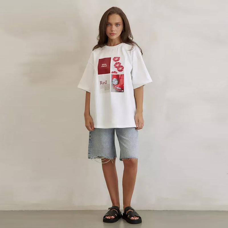 Bedrucktes Design Mittellanges Reines Baumwoll-T-Shirt Damen Sommer Vintage Locker Kurzärmeliges T-Shirt Täglich Lässig Damen Tops
