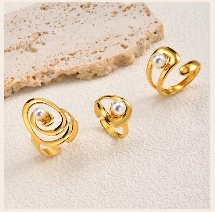 Luxury 18K Gold Plated Open Wrap Ring, Abstract Swirl Pearl Adjustable Minimalist Stainless Steel Jewelry Gift for Women