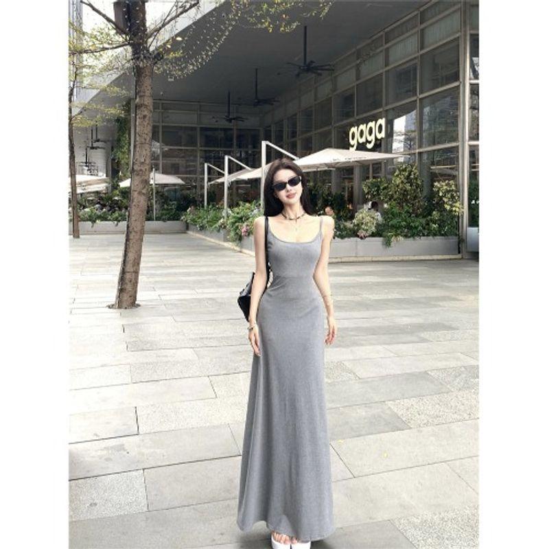 Kumikumi Pure Desire Style Sexy Gray Sling Dress Women Summer With Chest Pad Slim fit Backless Sheath Long dress