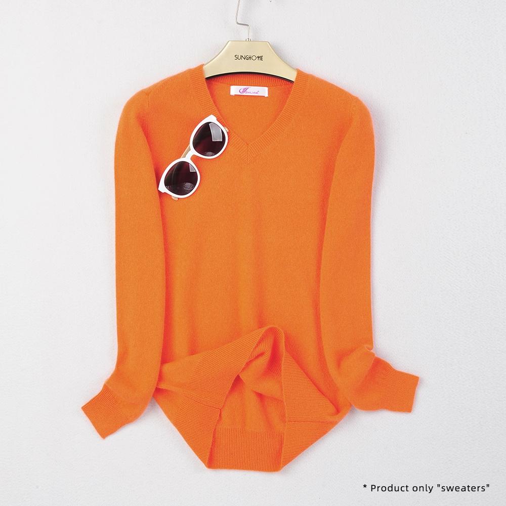 Women's V-neck Cashmere Sweater Warm Long Sleeved Sweater Solid Color