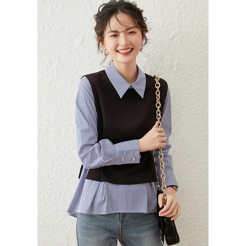 Women's Striped Spliced Pullover Lapel Shirt