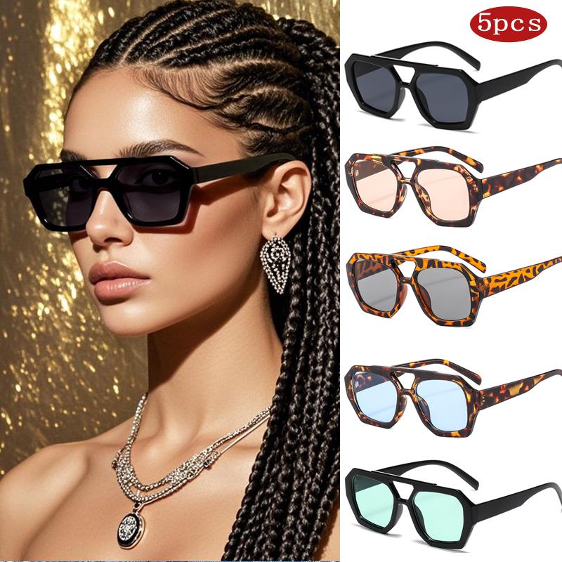 5set Female Large Frame Square Sunglasses Fashion New Retro Double Bridges Sun Glasses Female Luxury Designer Lady Eyewear UV400
