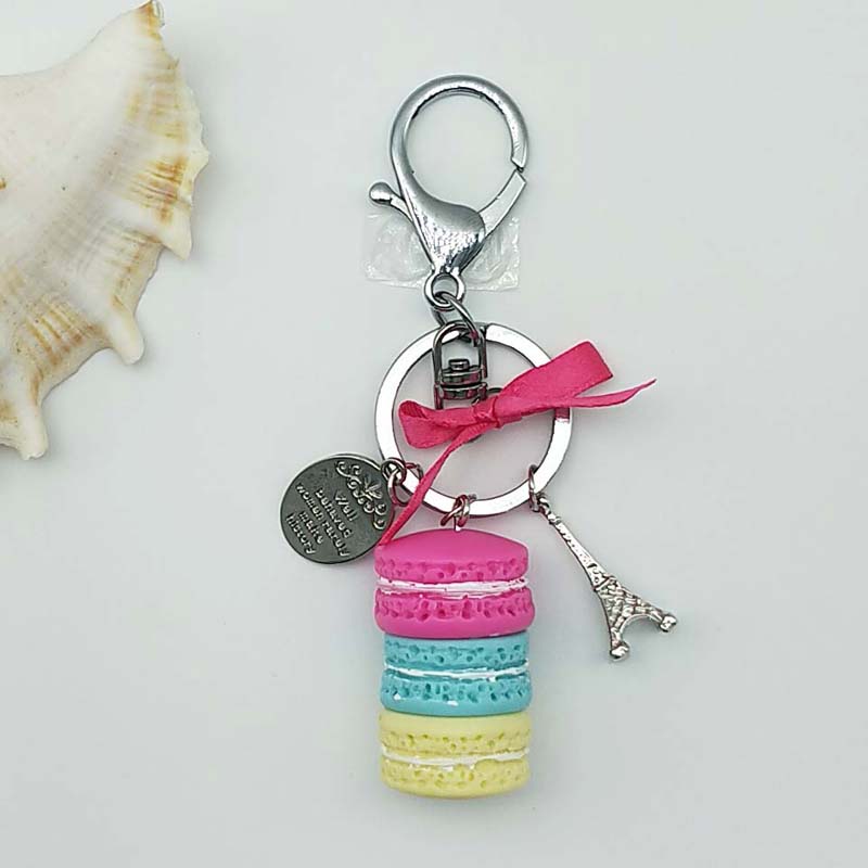 Neuer Kuchen Schlüsselanhänger Mode Auto Schlüsselanhänger Damen Tasche Anhänger Zubehör Frankreich Kuchen Macarons mit Eiffelturm Schlüsselanhänger Geschenk Schmuck