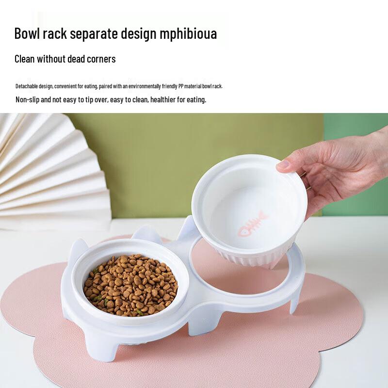 Tilted Double Ceramic Pet Bowl with Stand CN plug (adapter included)