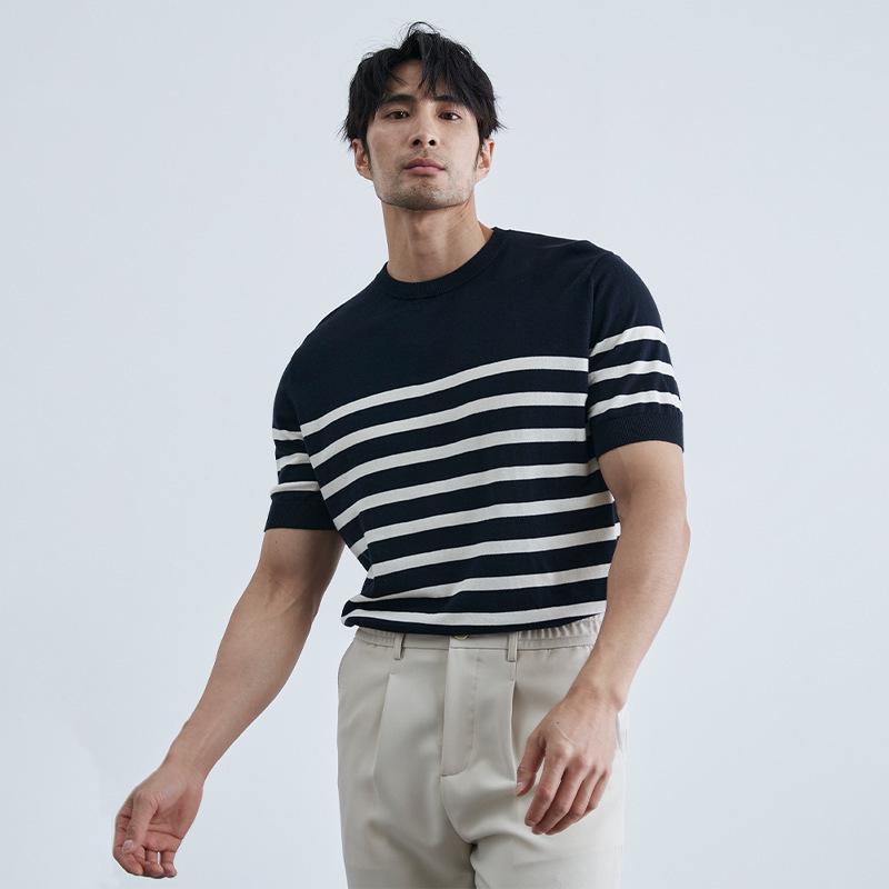 2024 Men's Striped Polo: Short-Sleeve, Versatile Round Neck Knit Shirt