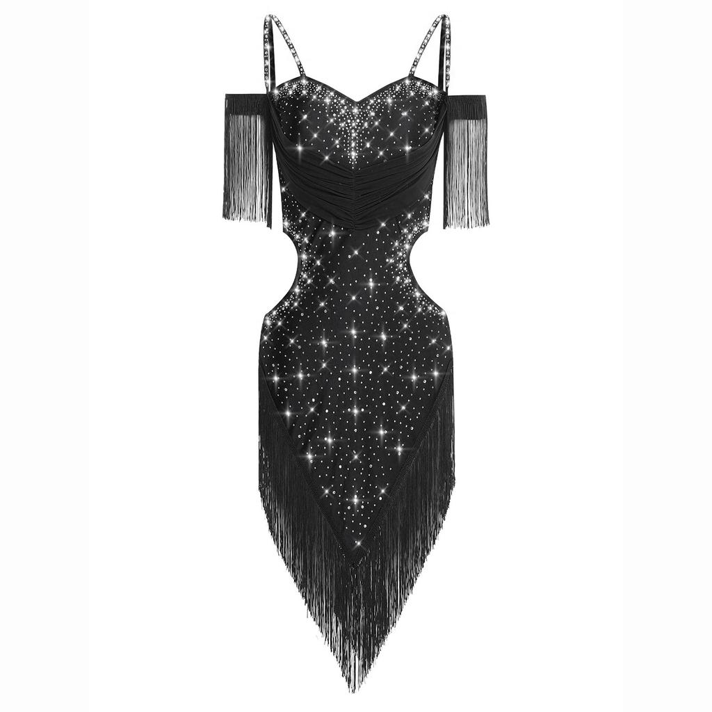 Womens Latin Dance Performance Costume Backless Cutout Design Spaghetti Straps Fringe Rhinestones Dress