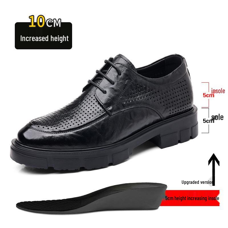Men's Casual Leather Shoes with 10CM Height Boost, Thick Soles, and Textured Finish.