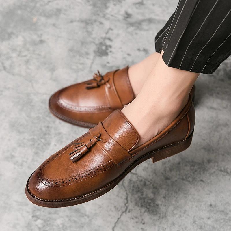 Fashion English Style Brown Leather Shoes Men's Loafers Retro Tassel Leather Shoes Brown Classic Business Office Dress Loafers Big Size
