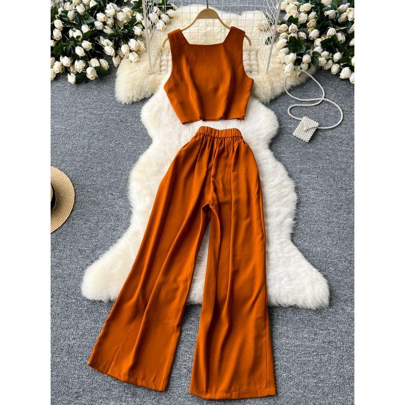 Fashion Niche Style Anti-Aging Outfits Women's Short Crop Top Sleeveless Vest Tops + High Waist Wide Leg Leisure Suit Pants