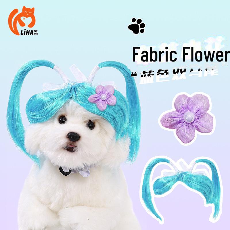 Entzückende blaue Doppelzopf-Perücke für Haustiere - Niedliche Crossdressing-Kopfbedeckung für Katzen und Hunde