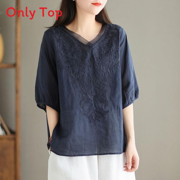 Cotton Embroidered Womens Short Sleeve Blouse For Summer Casual Wear