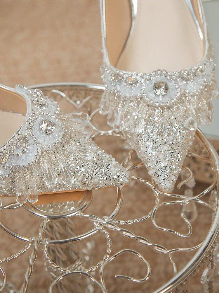 New Sequined Rhinestone Flower High Heels for Bridesmaids, Engagement Shoes, Slim Heels, Non Tiring Feet, Banquet Pumps Shoes