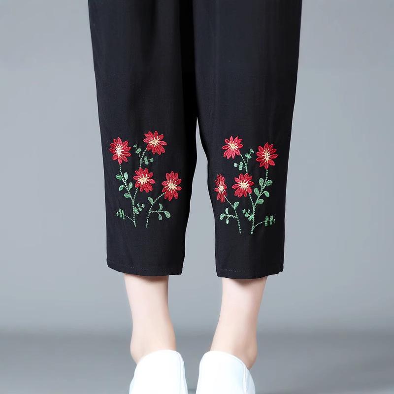 Mom's Summer Embroidered Cotton Linen Pants - Breathable Casual Fit for Women