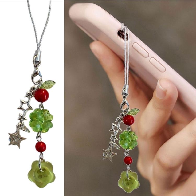 Glücksbringer Schlüsselanhänger mit grünen Vierblättrigen Kleeblatt Perlen Koreanisch Inspirierte Mode Handy-Gurt Zubehör Für Den Täglichen Gebrauch