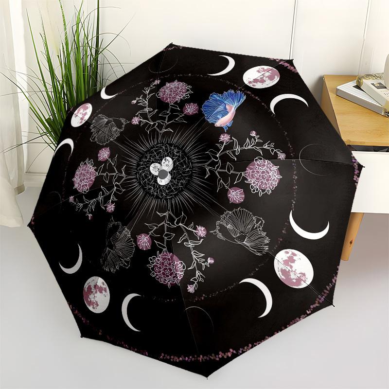 1pc Moon Phases Floral Mandala Art Print Umbrella with Plastic Handle,Vibrant Cartoon Pattern,Multi-functional UmbrellaB2038