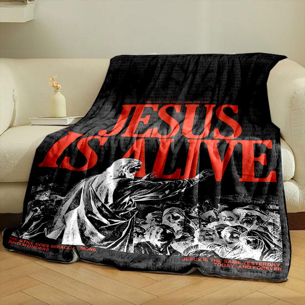 Jesus, Blanket, Religious Jesus Print, Dark Backdrop, Bold Lettering Printed Blanket for Living Room Bed Couch Lunch Break Blanket for Festival Gift