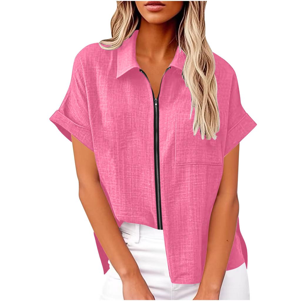 2026 Spring/Summer Cotton-Linen Pocket Button Short-Sleeve Shirt Casual Women's T-Shirt