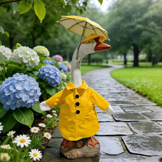 1 Set Porch Goose Rain Jacket Yellow Raincoat Hat And Umbrella Waterproof Goose Outfit Fits 23 Inch Porch Goose for Yard Lawn Decor