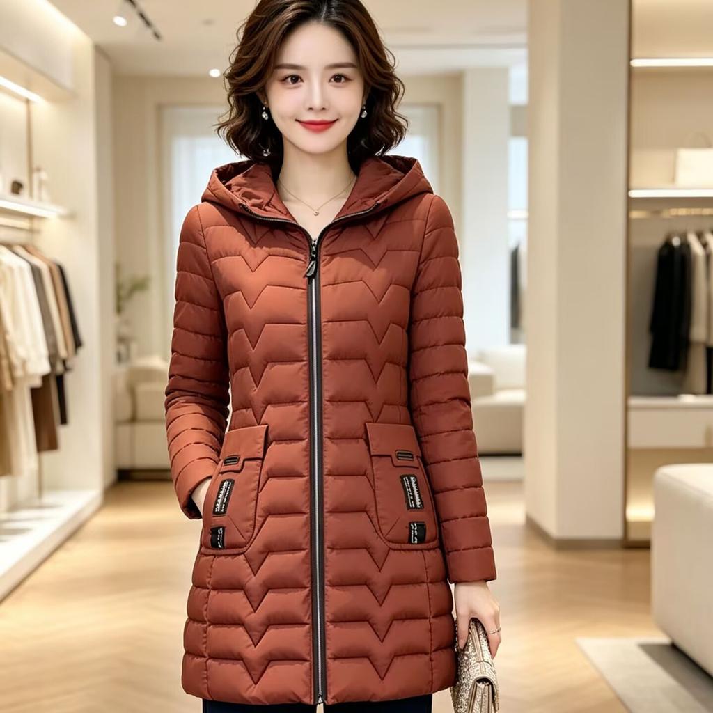 Medium and long down cotton-padded clothes, women's slim-fit hooded cotton-padded clothes, winter warm jackets, and mother's large-size cotton-pad