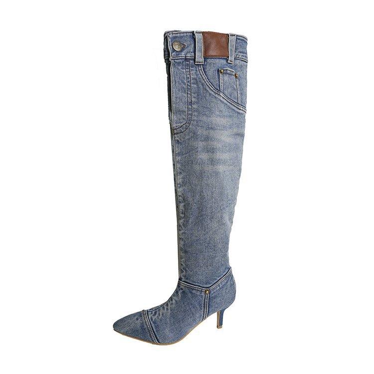Women's Boots Fashion with Buttons Knee Boots Retro Hot Girl Blue Denim Long Boots Thin Heels Pointed Toe Pleated Women Shoes