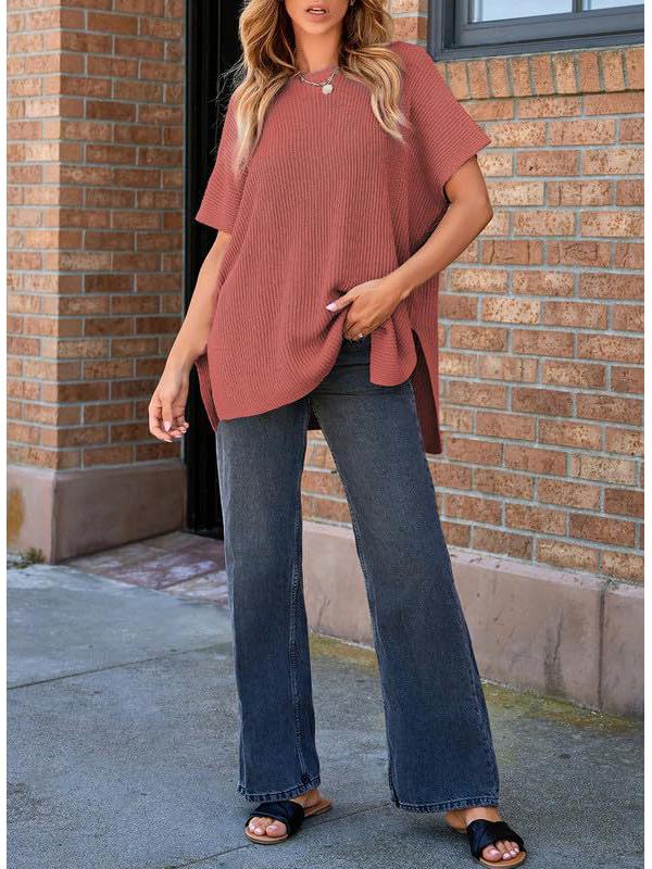 2024 Women's Summer Solid Color Knit Crew Neck Pullover T-Shirt - European & American Casual Loose Fit, Drop Shoulder, Short Sleeve Top