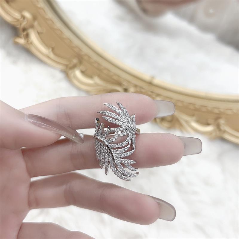 Korean Style Feather Ring: Women s Trendy Adjustable Lace Diamond Open Ring Fashion Jewelry