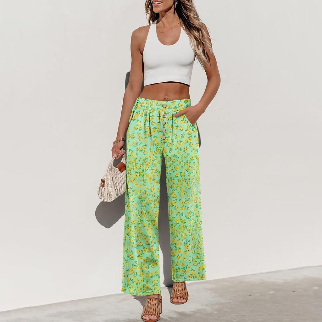 High Waist Wide Leg Pants for Women with Button and Pocket Design Loose Fit Floral Print Trousers for Daily Wear