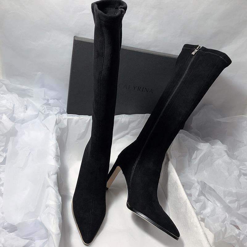 Fashion Vintage Pointed Toe Elastic Slim Women Knee High Boots Designer Square High Heels Zipper Long Botines De Mujer