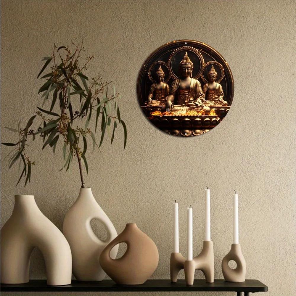 Wood Round Buddha Statue Themed Sign, Decor Sign, Cafe, Apartment, Restaurant, Living Room, Wall Decoration for Church Front Door Wall Hanging Decor