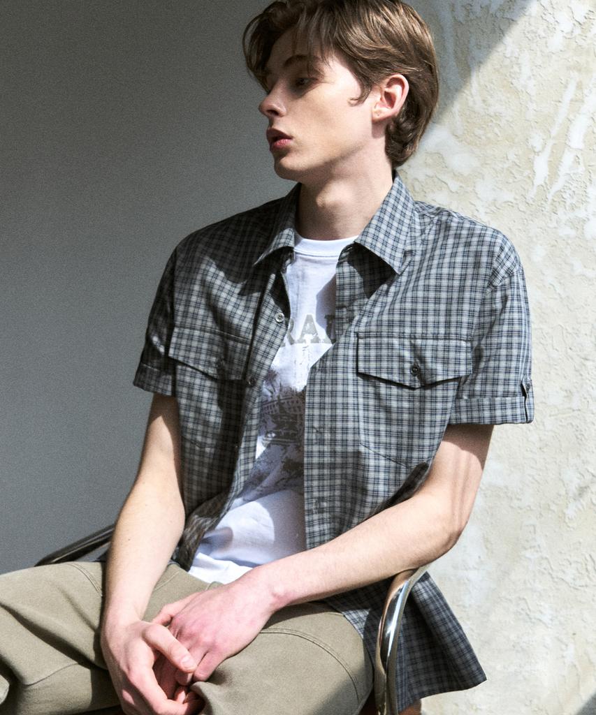 DRAW FIT Lark Roll-Up Check Half Shirt [Blue Grey]